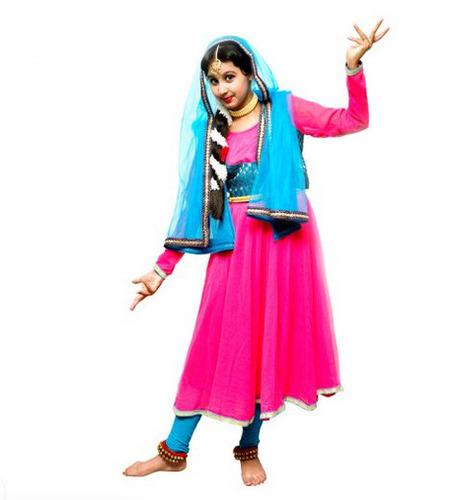 Kathak Costume Neon Pink & Firozi Anarkali Dress IMC394