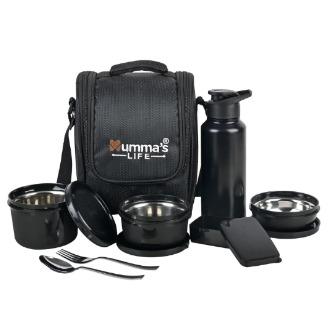 Lunch Box for Office with Containers, Insulated Bottle and Bag, Black