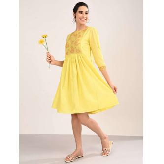 Lemon Yellow Chanderi Embroidery Dress