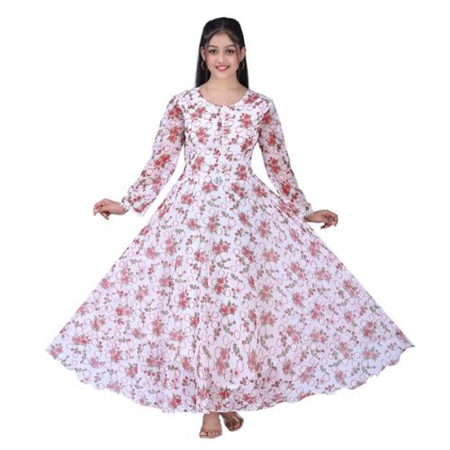 White Pink Floral Printed Long Dress