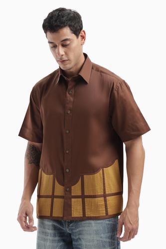 Brown Colour Block Pintucks Statement Shirt