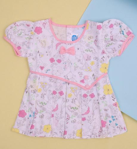 Beautiful Baby Girl's Floral Print Cotton Dress with Pleated Design & Matching Bloomers
