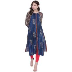 Ladies Dark Blue Straight Mughal Print Rayon Kurti