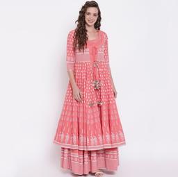 Ladies Pink Double Layered Cotton Anarkali Suit With Jacket