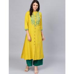 Ladies Lime Embroidered Cotton Kurti