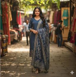 Indigo blue woven chanderi suit