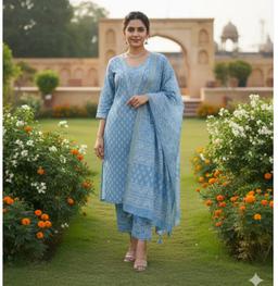 Bagh block print Maheshwari Stitched suit powder blue colour