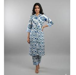 Poly blend digital printed long shirt colour- Egg white and blue coloured co-ord set