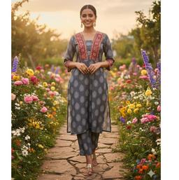 Poly Blend Digital Printed Greyish Green Colour Co-ord Set