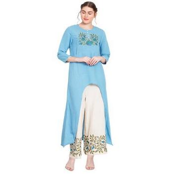 Blue Embroidered Front Cut Kurta With Palazzo