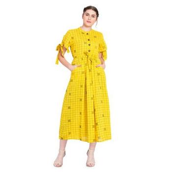 Sunblock Yellow Checkered Style Maxi Dress With Blow