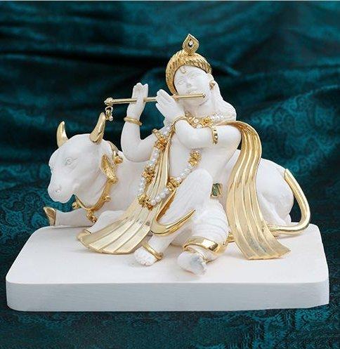 Gold Plated Resin Krishna With Cow Statue