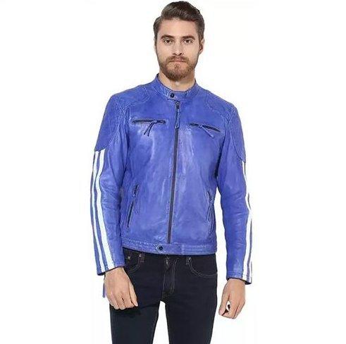 Mens Blue Designer Leather Jacket 