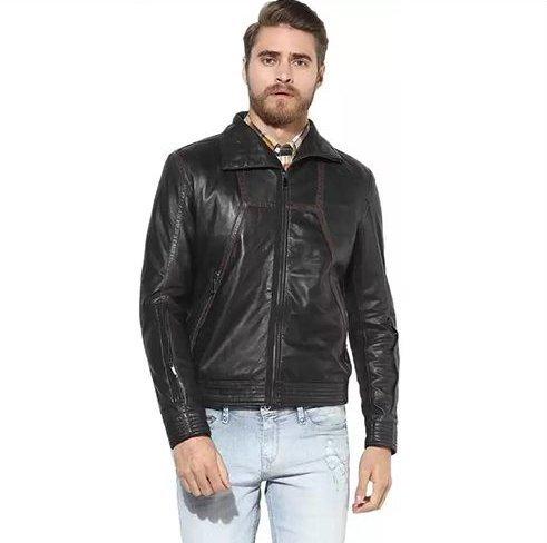 Mens Plain Black Leather Jacket 
