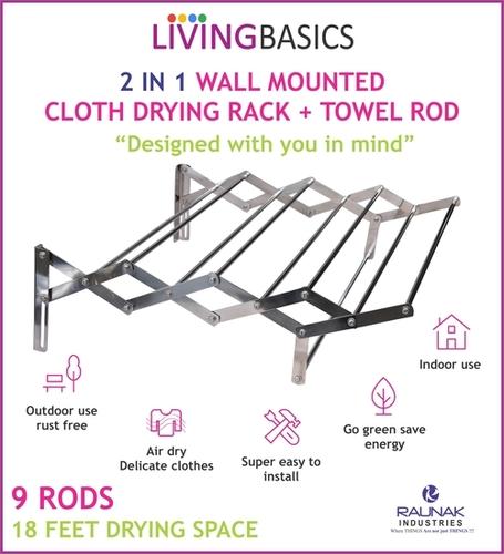 2 In 1 Wall Mounted Cloth Drying Rack + Towel Rod