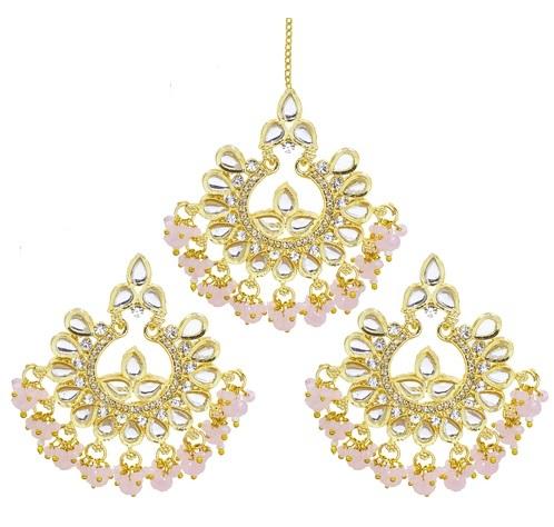 Traditional Jewellery 18K Gold Plated Kundan & Pearl Maang Tikka Earring Set for Women Girls