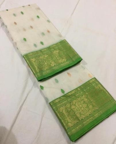 White with Green Pure Katan Chanderi Silk Saree