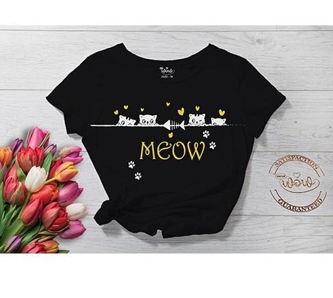 Meow Black Cotton T-Shirt