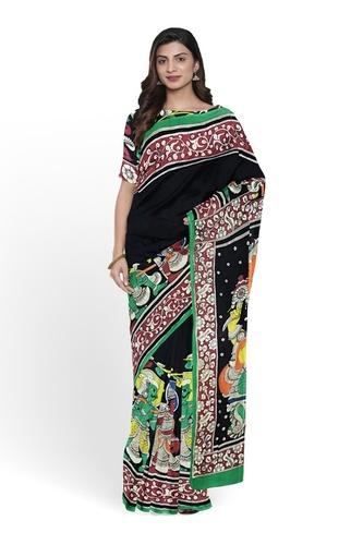 Multicoloured Dual Ganesha Hand-Painted Chennur Silk Kalamkari Saree