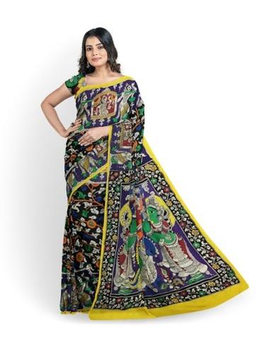 Exquisite Multicoloured Saraswati Hand-Painted Chennur Silk Kalamkari Saree