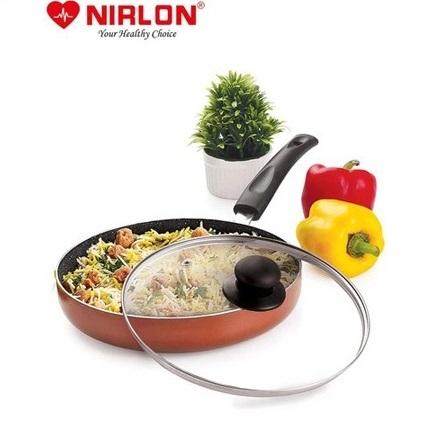 Nirlon Kitchen Accessories for Cooking Non Stick Aluminium Browni Fry Pan with Glass Lid