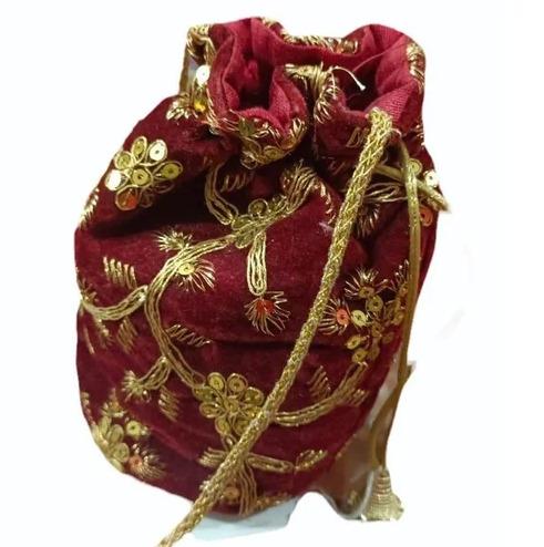 Ladies Maroon Hand Embroidered Cotton Potli Bag 