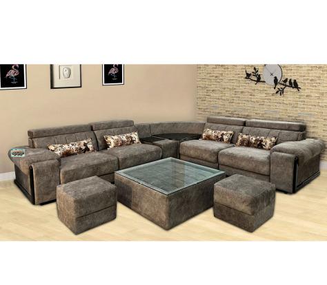 Cera 6 Seater Corner Sofa Set with Center Table and Two Puffy 2+2+1+CR
