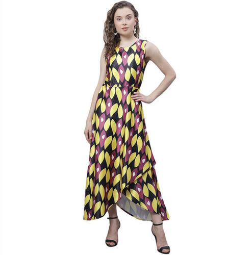 Satin Boat Neck Multicolor Printed Dress for Women