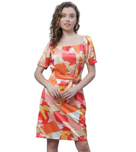Satin Square Neck Multicolor Printed Dress for Women