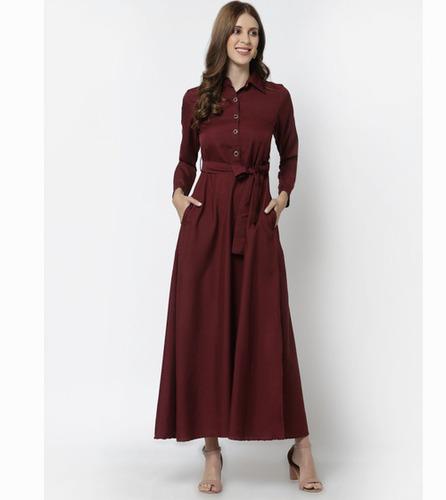 Full Length Maroon Collar Neck Maxi Dress 