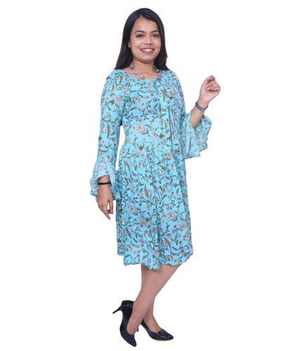 Round Neck Multicolor Printed Rayon Dress for Women
