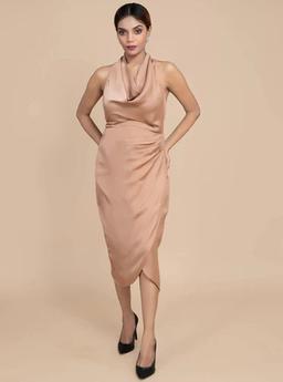 Radiant Beige Satin Halter Neck Bodycon Dress