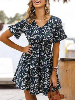 BLUE FLORAL AND FLARED DRESS