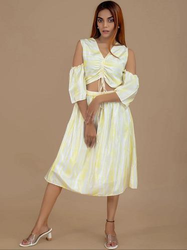 STRIPED RUCHED COLD SHOULDER A-LINE DRESS WITH CUTOUT
