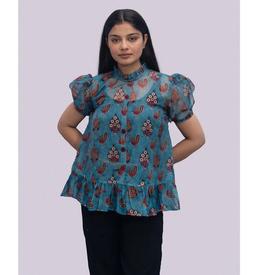 Peacock Perfection: Printed Organza Top